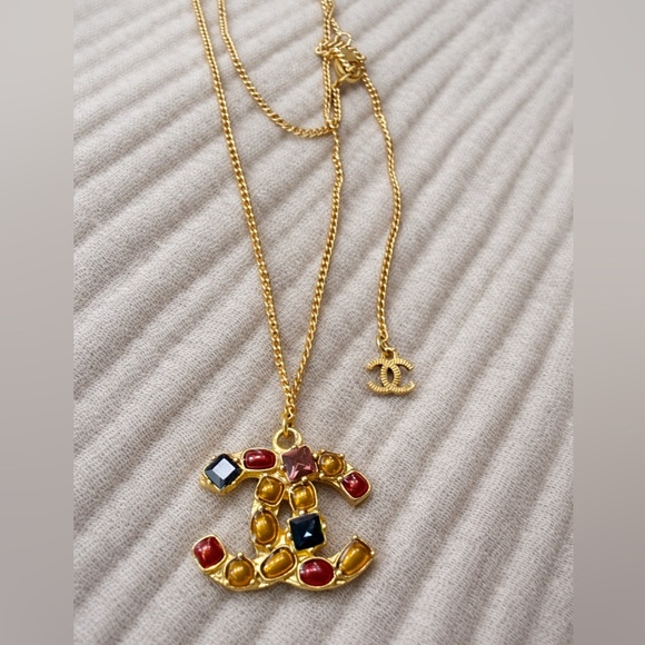 CHANEL Jewelry - CHANEL Gold-Tone CC Pendant Necklace with Multicolor Gem Accents